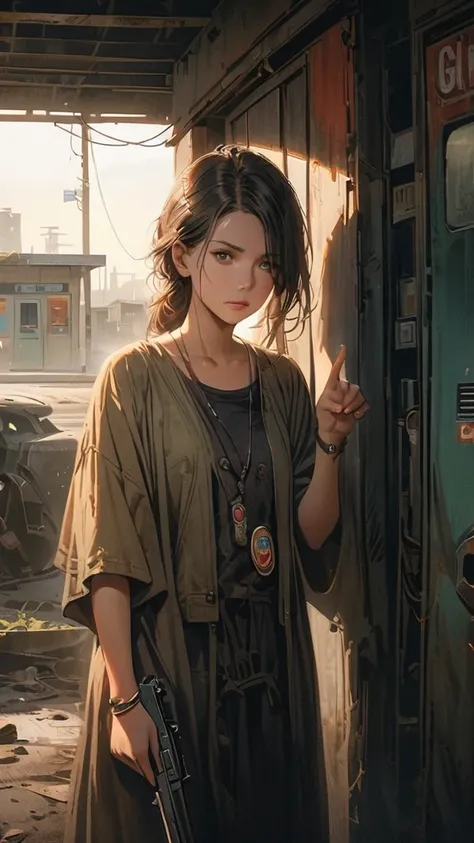 A woman pointing a gun, badge covering her left eye, a child hiding behind her clinging to her dress, abandoned gas station, cinematic lighting, dramatic atmosphere, gritty realism, moody colors, intricate detail, masterpiece, photorealistic, 8k