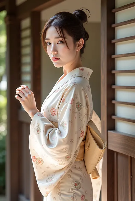 a photorealistic portrait of a young woman wearing a traditional floral-patterned yukata, standing gracefully by the entrance of...