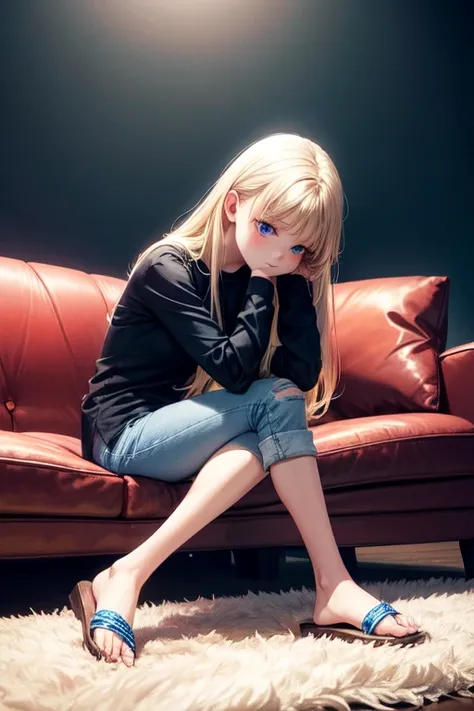  extremely beautiful eleven year old , long blonde hair , dark blue eyes , black long sleeve shirt , short jeans azul , white sandal , sitting on the sofa , cross-legged , hands on knees , full body, HEAD ON