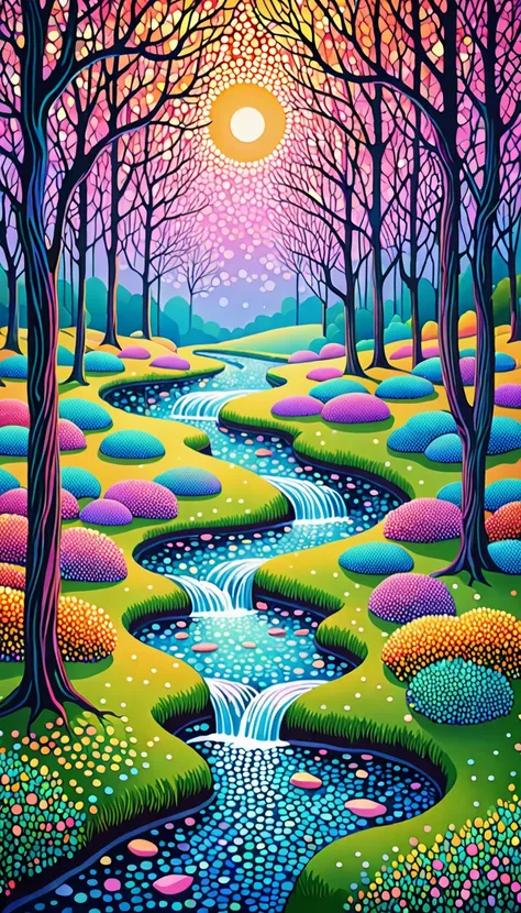 Masterpiece, best composition, highest quality, mobile phone wallpaper, pointillism, minimal art, fairy tale, illustration of colorful landscape with trees, meandering stream, colorful surreal dreamscape, fantasy landscape lost in a dreamy fairy forest.