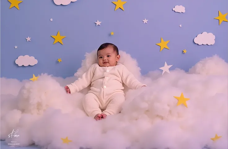 the baby is sitting on cloud and so many start and cloud in background indoor photoshoot , baby photogrpahy , indoor photogrpahy , blue background , start , cloud