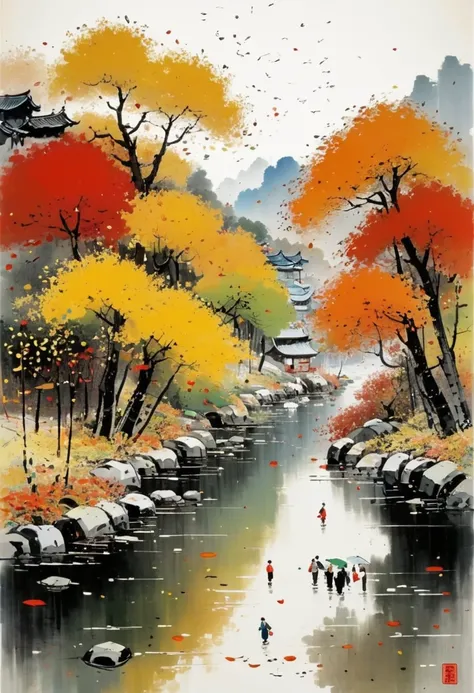 Autumn theme, by Wu Guanzhong.
best quality, masterpiece, intricate details, ultra-detailed