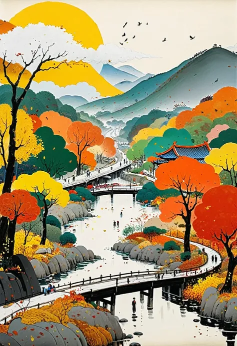 Autumn theme, by Wu Guanzhong.
best quality, masterpiece, intricate details, ultra-detailed