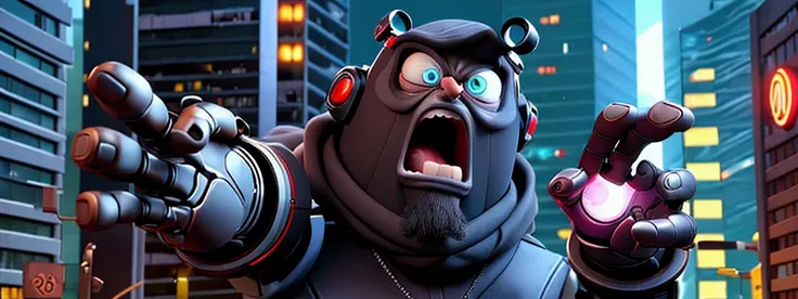 Man with big eyes. Handsome. Muscled. He makes a victory gesture. Ma sztuczną ,a cybernetic hand that serves as a shooting weapon. In the background you can see the city at night. Miasto świeci się wieloma kolorowymi światłami. Pixar style character. Cyber...