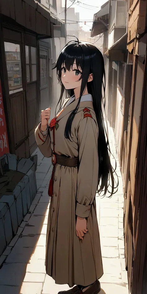 Focus, pixiv Masterpiece, ((Soft light and shadow atmosphere)), Very detailed, Yukinoshita Yukino, 1 Girl, Black Hair, (Pure,:1.1) happy, black eyes, 在日本人民街道上漫步的Yukinoshita Yukino, On the streets of Soviet Japan, Vision, {{{Cold and indifferent eyes: 1.7}}...