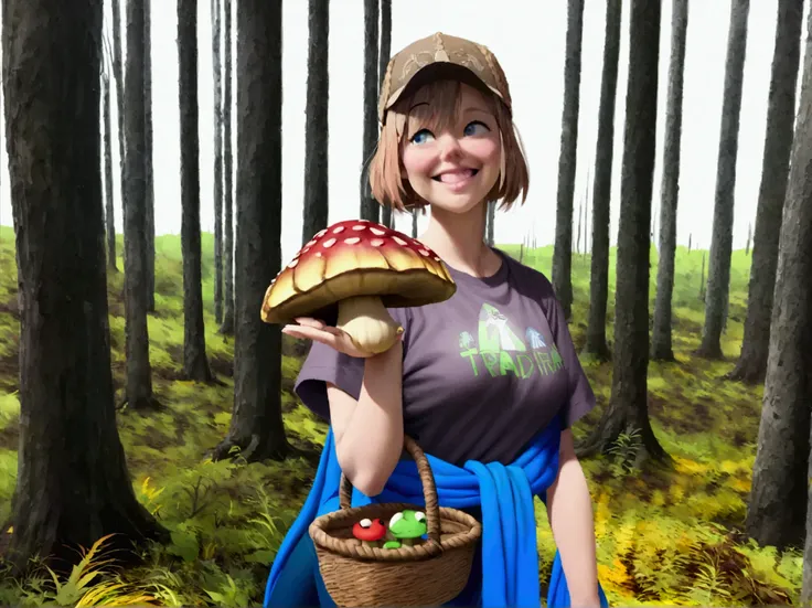 Dziewczyna ruda z kucykami z dużymi oczami. She has a big round mouth. She is alone in the forest and holds a huge toadstool in one hand and a basket of toadstools in the other..  The whole thing is in Pixar style