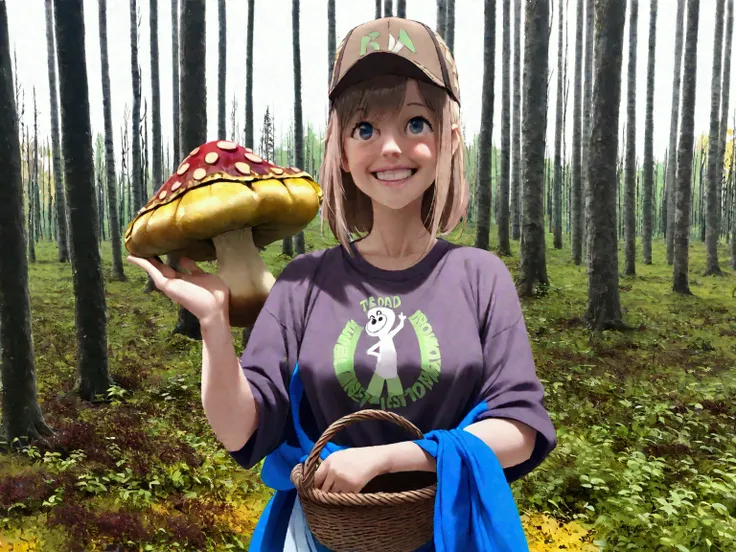 Dziewczyna ruda z kucykami z dużymi oczami. She has a big round mouth. She is alone in the forest and holds a huge toadstool in one hand and a basket of toadstools in the other..  The whole thing is in Pixar style