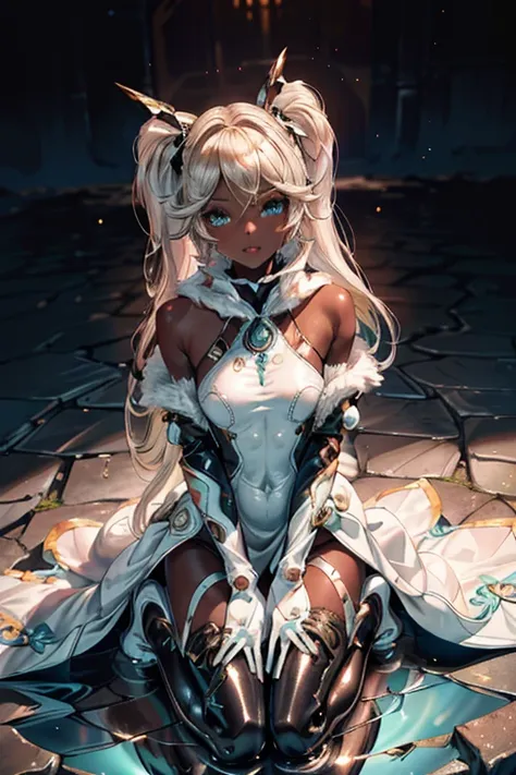 In Ioicura,Platinum Blonde Hair,Twin tails, Hair Accessories, White Dress, Black knee socks, 
Removable sleeves,Complex eyes,Beautiful fine details,Symmetrical eyes,Big Eyes:1.5,
(((dark skin,dark_skin,lustrous skin:1.5,bright skin: 1.5,
skin tanned,shiny ...