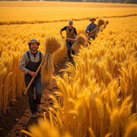 In the autumn fields, golden wheat waves sway with the wind, and farmers are busy harvesting. The colors are mainly golden yellow in wheat fields and dark brown in soil, with sunlight and shadows of wheat waves as the main light and shadow. The details are...