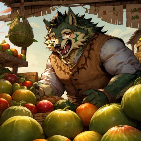 (green fur werewolf:1.2), (wearing glasses:1.2), energetic expression, smiling, selling fruits and vegetables at a market stall, wearing light vest, bustling marketplace, colorful tents and banners, wooden crates filled with fresh produce, rustic village s...