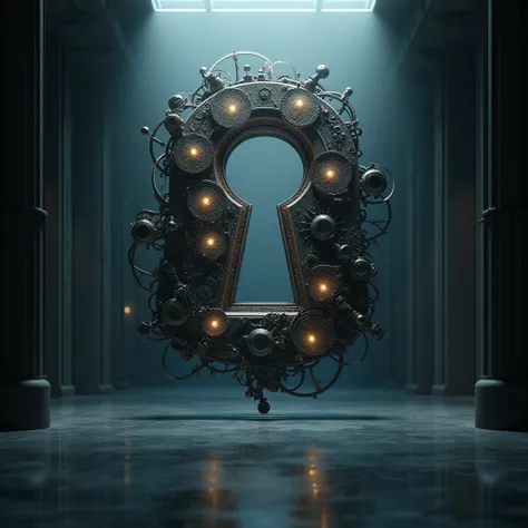 Keyhole icon, conceptual installation art, 3D digital graphic CG, ultra detailed, absolutely resolution, best quality, photorealistic, cinematic lighting, intricate details, volumetric fog, reflective surfaces, atmospheric depth, dramatic composition, cine...