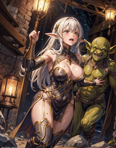 (1 Mature Woman,Age 25,Metal Color,Sex slave), ((cave,Barred)),((Handcuffed,Raise your arms)),( A female wizard surrounded by two male goblins,Constraints:1.2),((The goblin grabs her breasts:1.3)),Goblin in Heat,(anger,Crying:1.3),((Gorgeous Wizard Dress))...