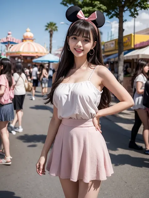 laughing out loud，Cute style wear，date attire，The skirt shows fluffy curvature，wearing mickey headband，Carrying a cute shoulder bag，knee shot, The background is an amusement park during the day，1 female, light brown hair, blunt bangs, hair behind ears, Sho...