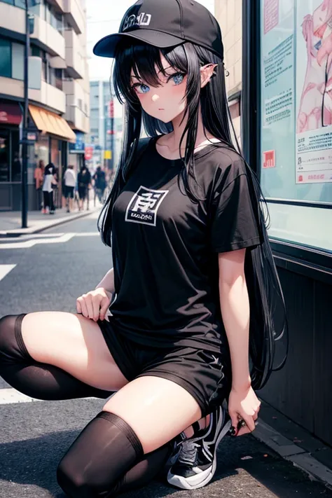 Anime girl with black hair, dark blue eyes, {{black cap, Black and wide t-shirt, long black sweatpants, blue tennis shoes, and piercing in the ears behind Tokyo