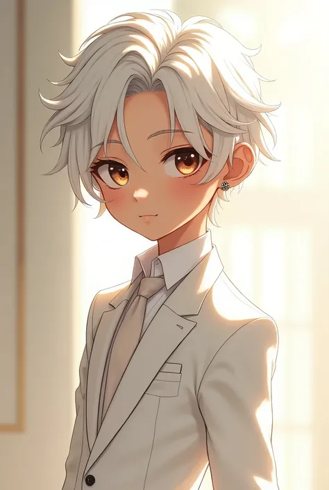 A cute anime boy with white hair and a white suit and brown skin tone