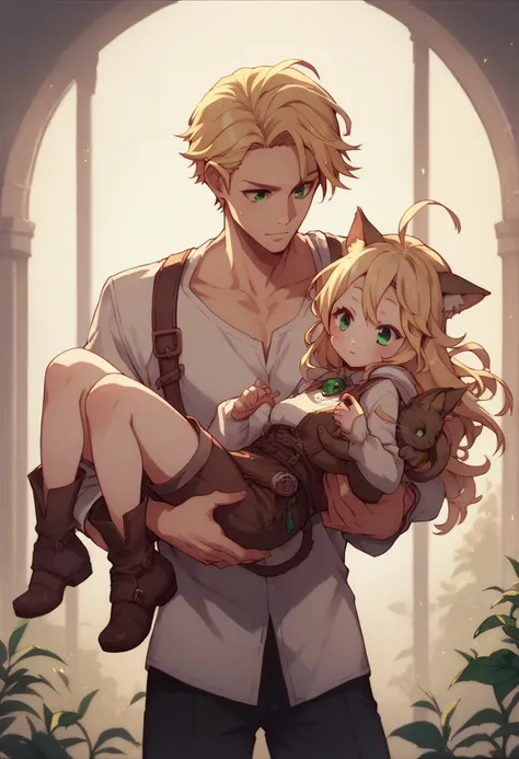 A beautiful woman with medium length blonde hair, green eyes, green and blonde cat ears, carrying an unbalanced stack of fantasy style hats, in a fantasy setting