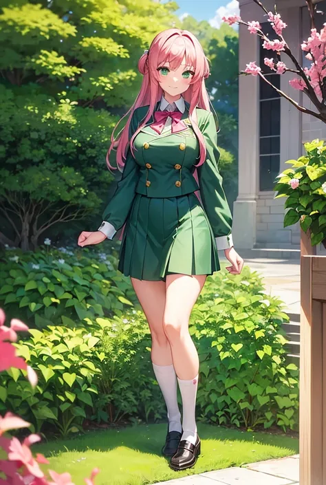 1 girl, long pink hair, Gentle appearance, emerald green eyes, anime style school uniform, high resolution, detailed face, closed mouth, slight smile, hair accessory, Love, hair Love, Excited, breasts, masterpiece, garden