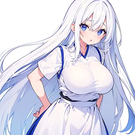 (Pure white background)、Simple colored t-shirt、Large Breasts、Mouth open、tachi-e、Standing still、Hands behind back、Long white hair