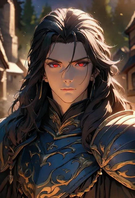 ((Solo)), (Male), Red Eyes, Raven Hair, Long Hair Braided, Close-up of Man with Spear in Village, Peaceful Village, Suburb, Detailed Anime Art, Casimir Art, Masamune Shirow, Masamune, Handsome Guy in Medieval Druid Art, Heise Jinyao, Shadowverse Style, (No...