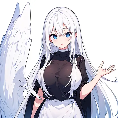 (Pure white background)、A simple black t-shirt、Large Breasts、Mouth open、tachi-e、Standing still、Hands behind back、Long white hair、Visible eye highlights