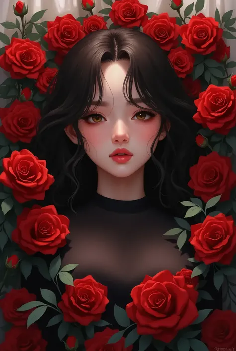 Semi-Realism, urban girl fanart, curtain, long dark brown wavy hair lying on a bunch of red roses black clothes and brown eyes. top view
