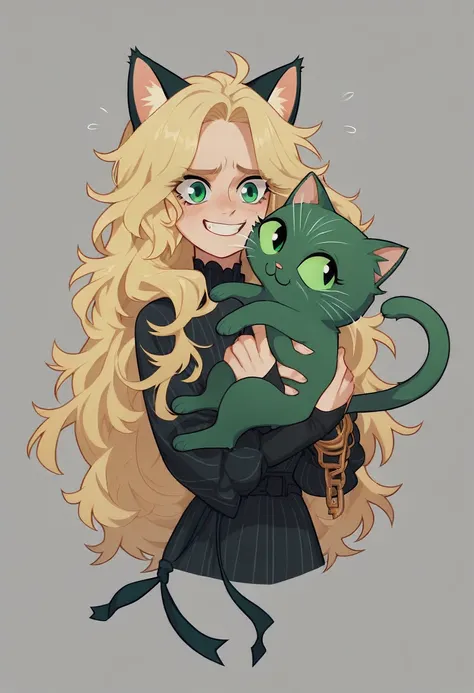 Stunning cat woman with blonde hair; green eyes; blonde and green cat ears; carrying stack of hats; wearing a sage bodysuit, messy hair, long hair, cat ears, nervous smile, Gothic art, high quality, accurate