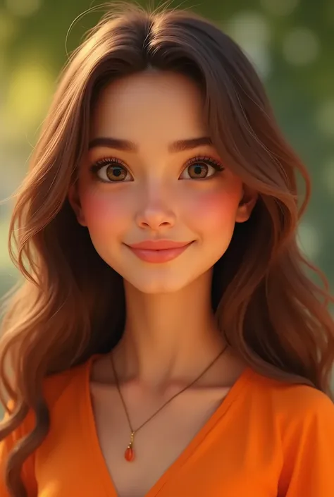 A woman with long brown hair, wearing an orange blouse, with a close-up capturing the harmonious beauty of an outgoing personality.
disney pixar style looking like real people

