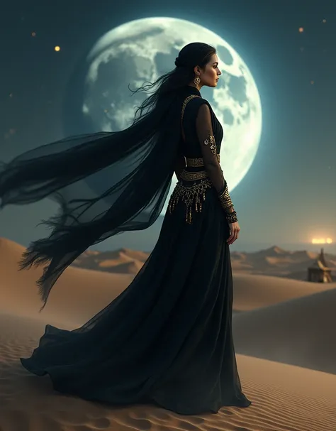 Create a mystical desert scene featuring a mysterious woman in a flowing black garment adorned with intricate golden jewelry. She stands gracefully against a backdrop of a luminous full moon and a starry sky, with dunes and a distant nomadic tent. The wind...