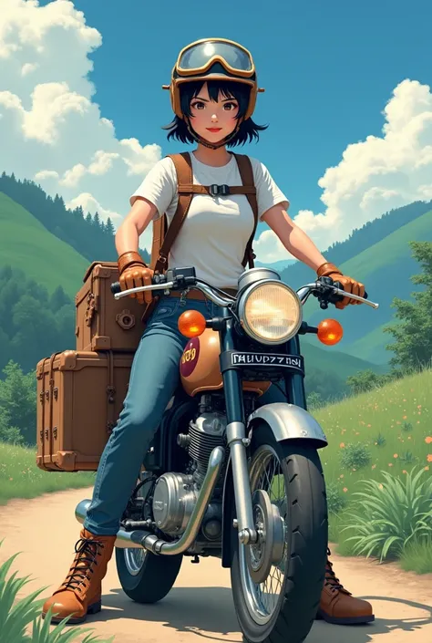 Beautiful Japanese woman with short black hair, helmet、goggles、gloves、boots、Riding a Super Cub loaded with travel luggage.。On her head(here we go、Let&#39;s go together wherever you want to go.)This is written in capital letters、Rural Scenery、High resolutio...