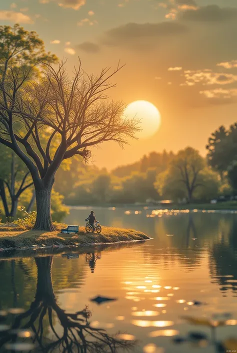 There is a tree,There are only a few leaves on the tree,Located by the lake，Two people riding bicycles，There is an empty bench under the branches。Reflection of sunset in water，Reflection of silhouettes of trees and a cyclist，Orange，Ink style，HD