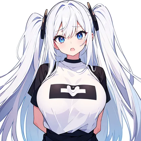 (Pure white background)、A simple black t-shirt、Large Breasts、Mouth open、tachi-e、Standing still、Hands behind back、Long white hair、Visible eye highlights