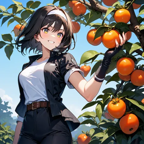 Superb, Superb definition, Top quality, 8K, Perfect looks, Woman growing persimmon in garden, , Beautiful figure, Shining eyes, Shining black hair, Smiling face, Blue sky, (Ripe persimmon in hand) Short bob, (Roll up sleeves black jacket), Fingerless glove...