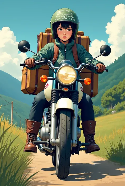 Beautiful Japanese woman with short black hair, helmet、goggles、gloves、boots、Riding a Super Cub loaded with travel luggage.。On her head(here we go、Let&#39;s go together wherever you want to go.)This is written in capital letters、Rural Scenery、High resolutio...