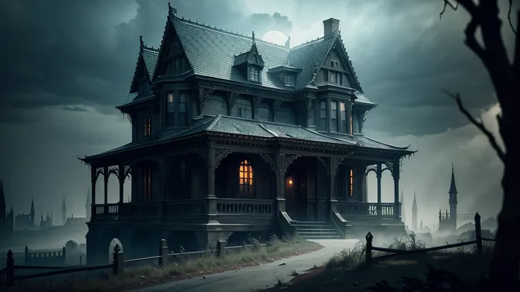 a haunted house, misty midnight moon background, dark gothic mansion, eerie atmosphere, moody lighting, moonlight shining throug...