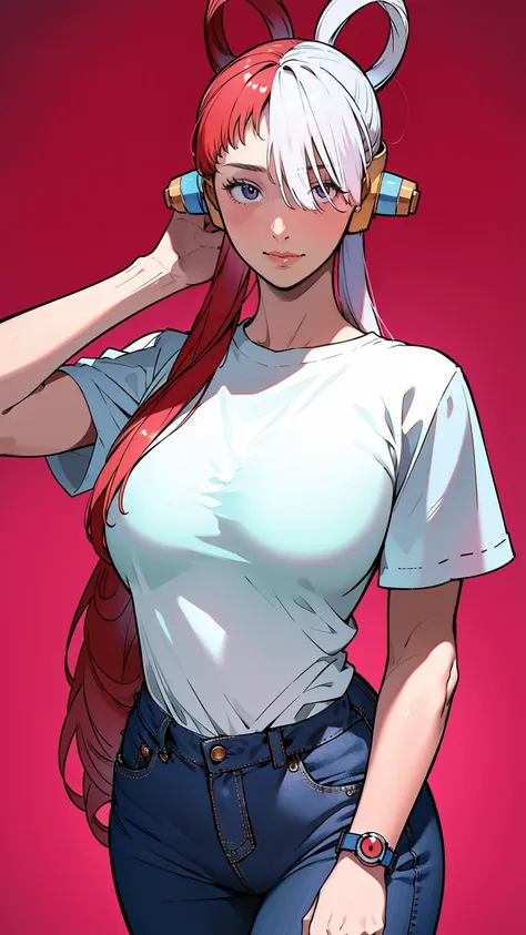 utta from anime one piece, long hair, red hair on the left, white hair on the right, wears a head phone, bangs, wears mascara, perfect body, perfect breasts, beautiful woman, very beautiful, wears a black oversized t-shirt, short jeans, wears a bag hand, w...