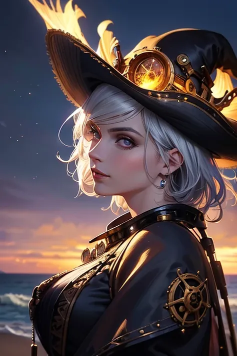 a beautiful woman with white hair, purple eyes, and a bob haircut, wearing a pirate-style steampunk outfit with a steampunk pirate hat, smiling on a beach under a full moon, (best quality,4k,8k,highres,masterpiece:1.2),ultra-detailed,(realistic,photorealis...