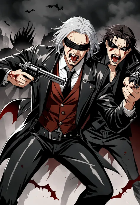 Man with silvery gray hair, pitch brown eyes , two fangs for canines in a leather jacket wielding holy cross battling a blind man with multiple bruises over his body that keep healing. The blind man is wearing blindfold, has long raven hair, vampire fangs ...