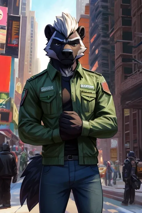  honey badger, background new york, is wearing a green military jacket, has a tired and  depressional facial expresion, strong Shadow, ((holding black long .44 magnum)), green ilumination, black t-shirt, jeans, skinny body