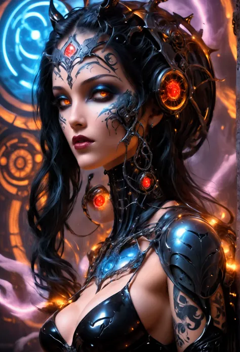 woman with tattoos on her body, seductive cyberpunk dark fantasy, in style of anne stokes, ornamental gothic - cyberpunk, inspired by Anne Stokes, gothic fantasy art, deviantart artstation cgscosiety, beautiful succubus, goth girl, dark fantasy mixed with ...