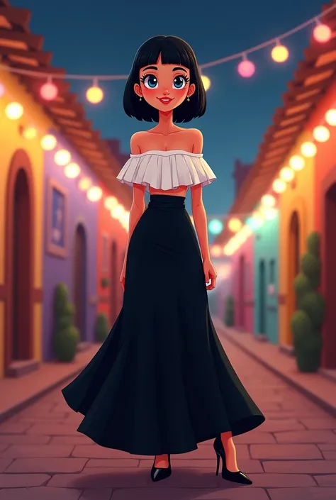 a girl with black bob hair, blue eyes, red lips, a strapless white ruffle off the shoulder top, black maxi skirt, medium breast, standing outside the Mexican village with flashing lights at night. black high heels. 1 girl, solo, posing. 2D flat cartoon Pow...