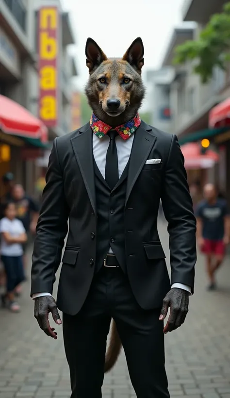 Imagine a humanoid Telomian dog with a muscular and strong human body., he is dressed in a stylish black suit and a colorful collar, he is standing walking on a street in Malaysia 