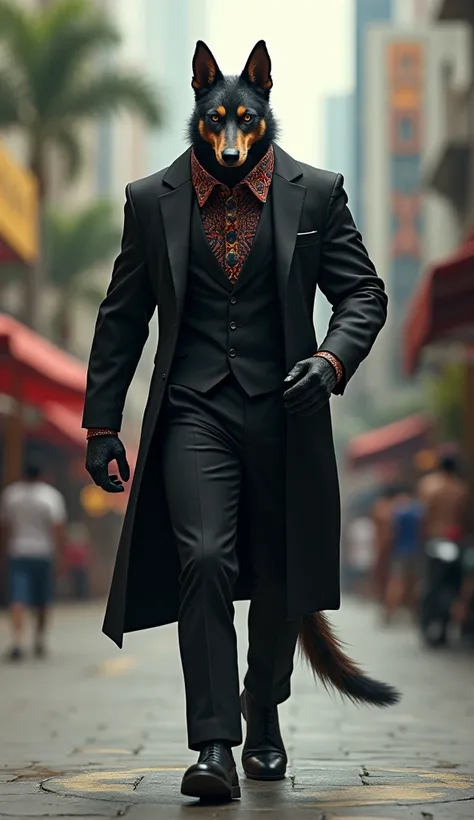 Imagine a humanoid Telomian dog with a muscular and strong human body., he is dressed in a stylish black suit and a colorful collar, he is standing and walking with determination on a street in Malaysia 