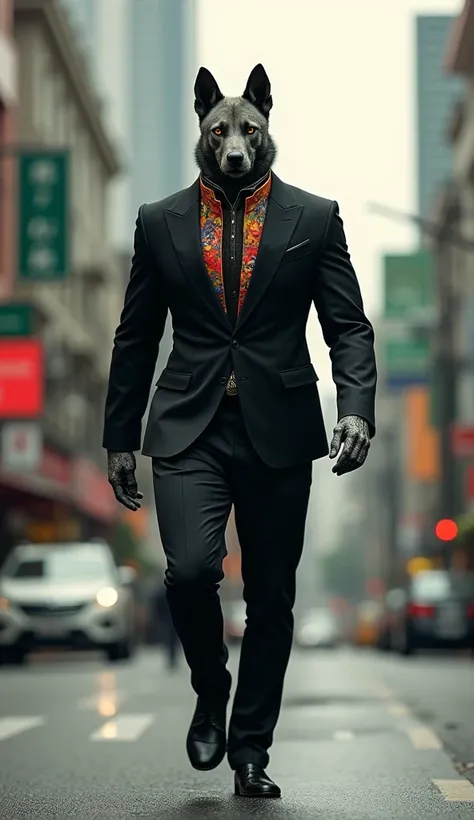 Imagine a humanoid Telomian dog with a muscular and strong human body., he is dressed in a stylish black suit and a colorful collar, he is standing and walking with determination on a street in Malaysia 