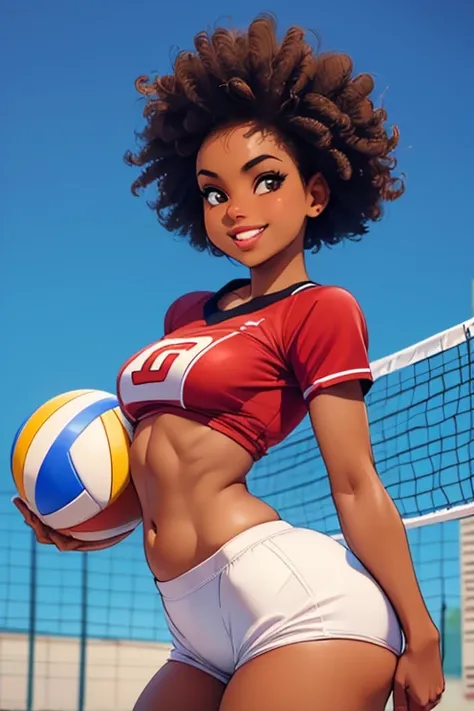 ((best quality)), ((masterpiece)), (detailed), solo, 1 girl, perfect, beautiful tanned black woman, short shorts, volleyball shirt, volleyball uniform, very short curly hair, jumping, sexy smile, (full lips), (short), skinny, small breasts, thick thighs, t...