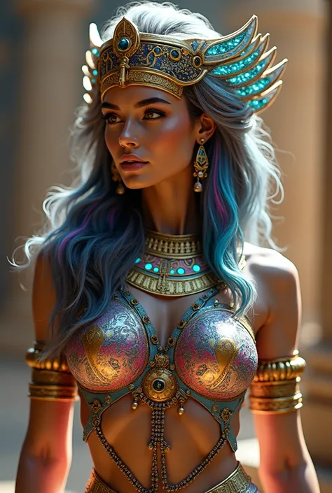 "Crea un retrato de cuerpo entero de pies a head,Stunning and highly detailed sculpt of a character set in ancient Egypt. She is a 25 year old GODDESS, She looks like a young Megan Fox,with hair ,de todos los colores iridescent, negro, blue,rubio, dorado, ...