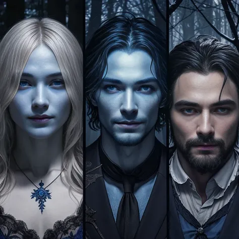 Create a scene in a dark blue forest where a mans face is divided into three versions of reincarnation from the 15th century, another from the 12th century, and the last one from the 20th century. THE THEME IS REINCARNATION