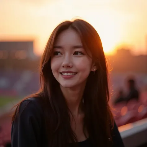 Asian woman, sitting in a stadium at sunset, wearing a dark jacket, soft golden sunlight illuminating her face,grinning and  relaxed and thoughtful expression, peaceful atmosphere, vibrant sunset in the background, serene moment, outdoor setting