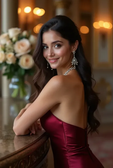 Ultra Realistic upper body portrait photo of a beautiful brunette young german Bridesmaid with beautiful houreglass figure. She stands in the ballroom and leans on the counter. She smiles over her shoulder in the camera and poses with her but. She wears a ...