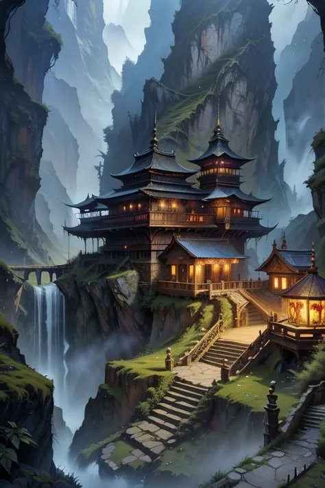 a city in the mountains of china, rope bridges, staircases, waterfalls everywhere, intricate details, fantasy landscape, stunning scenery, beautiful architecture, lush greenery, atmospheric lighting, dramatic skies, mist and fog, ornate decorations, vibran...