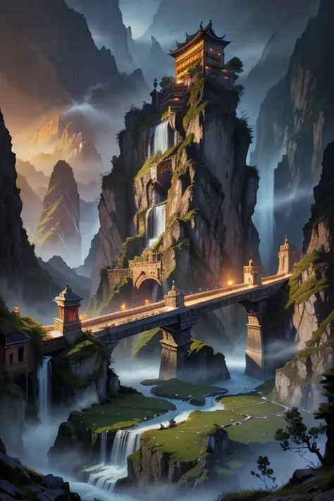 a city in the mountains of china, rope bridges, staircases, waterfalls everywhere, intricate details, fantasy landscape, stunning scenery, beautiful architecture, lush greenery, atmospheric lighting, dramatic skies, mist and fog, ornate decorations, vibran...